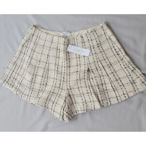 Gilli Tweed Plaid Pleated Shorts Cream Black High Waist Side Zip JP2527 Lrg NWT